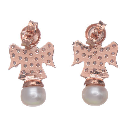 Amen earrings with angel in 925 sterling silver finished in rosè, zircons and pearls 3