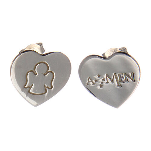 Heart shaped AMEN stud earrings in 925 sterling silver engraved angel 1