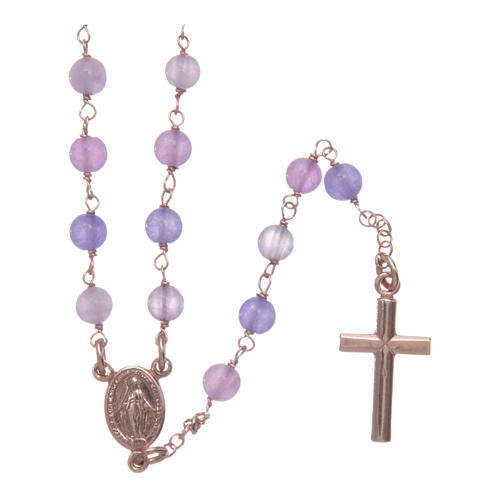 AMEN classic rosary necklace in 925 sterling silver finished in rosè with lilac jade grains 1
