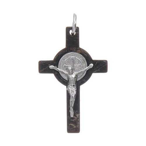 Horn cross with Jesus Christ image in rhodium 925 sterling silver and Saint Benedict medal black 1