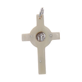Horn cross with Jesus Christ image in rhodium 925 sterling silver and Saint Benedict medal white