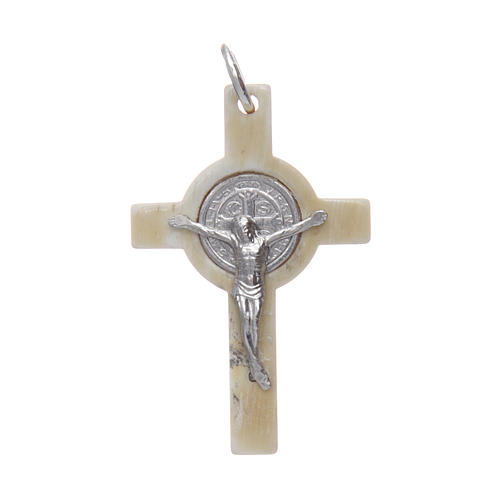 Horn cross with Jesus Christ image in rhodium 925 sterling silver and Saint Benedict medal white 1