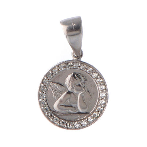 Sterling silver medal with angel framed by white zircons 1