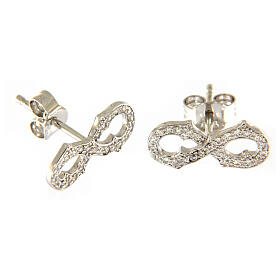 Infinity shaped AMEN stud earrings with white zircons 925 sterling silver finished in rhodium