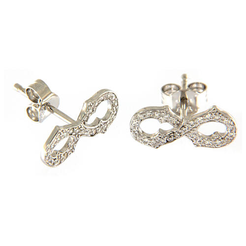 Infinity shaped AMEN stud earrings with white zircons 925 sterling silver finished in rhodium 2