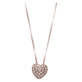Heart-shaped AMEN necklace in pink 925 silver with white rhinestones