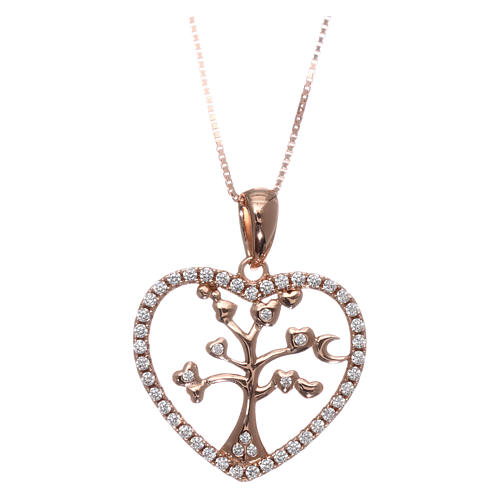 Heart-shaped AMEN necklace in pink 925 silver with tree of life white rhinestones 1