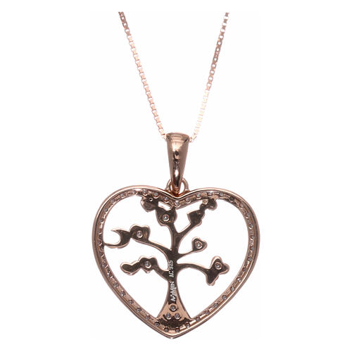 Heart-shaped AMEN necklace in pink 925 silver with tree of life white rhinestones 2
