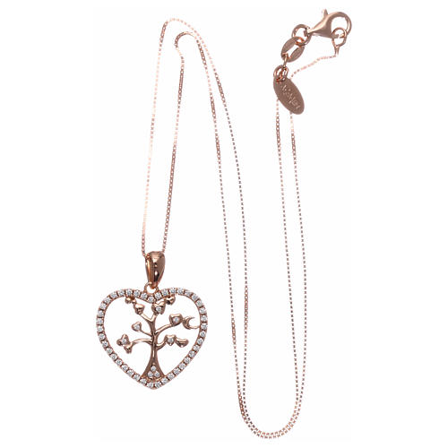 Heart-shaped AMEN necklace in pink 925 silver with tree of life white rhinestones 3
