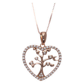 Collar AMEN plata 925 rosada corazón con árbol de la vida zircones blancos