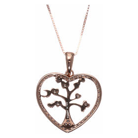 Collar AMEN plata 925 rosada corazón con árbol de la vida zircones blancos