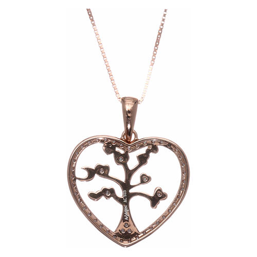 AMEN Necklace 925 sterling silver rosé finish heart with tree of life white zircons 2