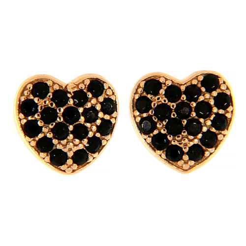 Heart-shaped AMEN earrings in pink 925 silver with black rhinestones 1