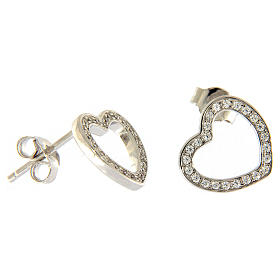 Heart-shaped AMEN earrings in rhodium-plated 925 silver with hollow heart and white rhinestones
