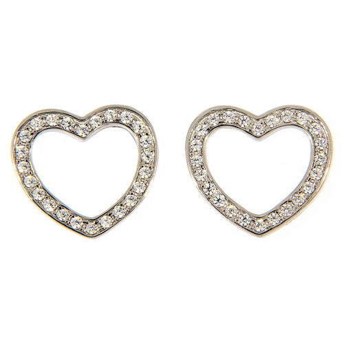 Heart-shaped AMEN earrings in rhodium-plated 925 silver with hollow heart and white rhinestones 1