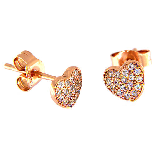 Heart-shaped AMEN earrings in pink 925 silver with white rhinestones 2