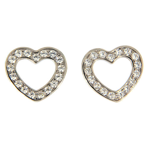 Heart-shaped AMEN earrings in pink 925 silver with white rhinestones 1