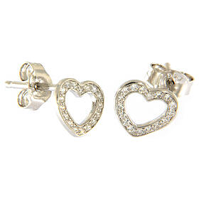 AMEN stud earrings 925 sterling silver finished in rhodium heartwith white zircons on the edge