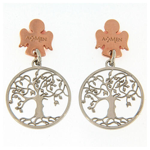 AMEN Drop earrings 925 sterling silver rhodium/rosé angel and tree of life 1