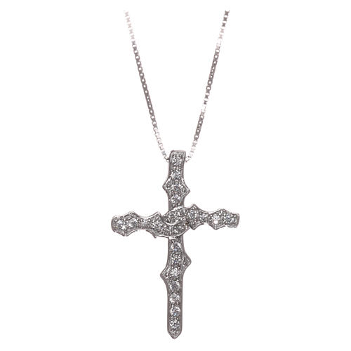 Cross-shaped AMEN necklace in rhodium-plated 925 silver with tree of life and white rhinestones 1