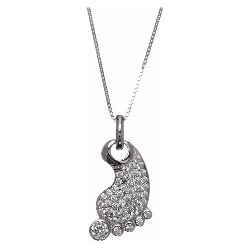 Foot-shaped AMEN necklace in rhodium-plated 925 silver with white rhinestones 1