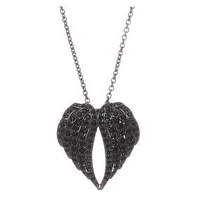 Wing-shaped AMEN necklace in black rhodium-plated 925 silver with black rhinestones