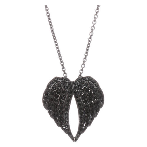 AMEN Necklace 925 sterling silver finished in black rhodium angel wings black zircons 1