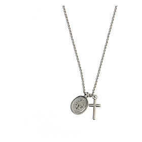 AMEN Necklace 925 silver finished in rhodium cross and miraculous medal with white zircons