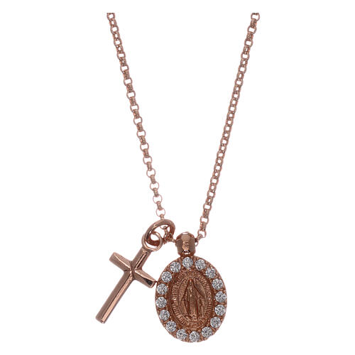 AMEN Necklace 925 silver rosé finish cross and miraculous medal with white zircons 1
