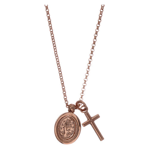 AMEN Necklace 925 silver rosé finish cross and miraculous medal with white zircons 2