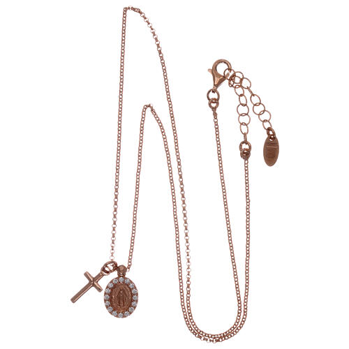 AMEN Necklace 925 silver rosé finish cross and miraculous medal with white zircons 3