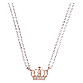 AMEN necklace, pink/rhodium-plated 925 silver, crown with white zircons