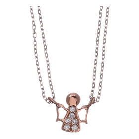 Angel-shaped AMEN necklace in pink rhodium-plated 925 silver with white rhinestones