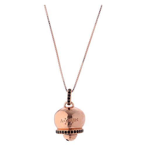 Necklace AMEN of pink 925 silver, bell-shaped pendant with black zircons 2