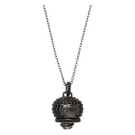 Necklace AMEN of black 925 silver, bell-shaped pendant with black zircons