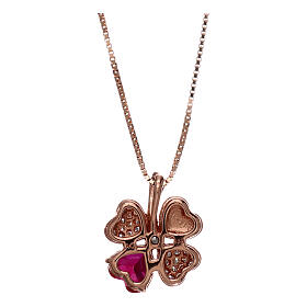 Necklace AMEN with four-leaf clover, pink 925 silver, zircons and red stone
