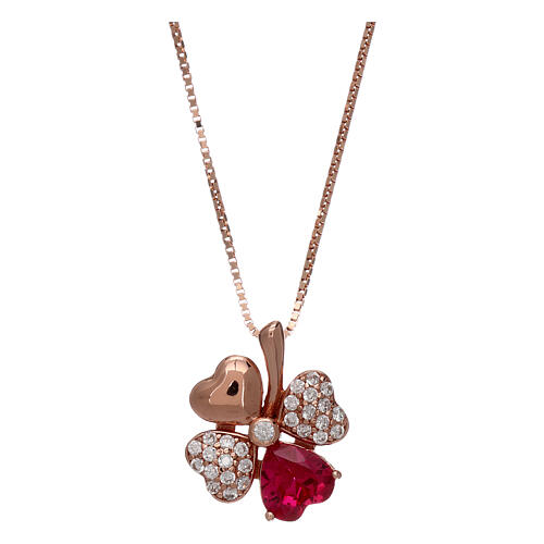 Necklace AMEN with four-leaf clover, pink 925 silver, zircons and red stone 1