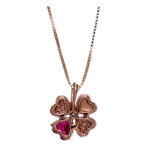 Necklace AMEN with four-leaf clover, pink 925 silver, zircons and red stone 2