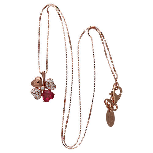 Necklace AMEN with four-leaf clover, pink 925 silver, zircons and red stone 3