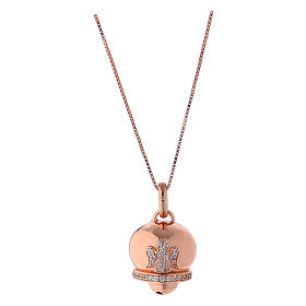 Necklace AMEN of pink 925 silver, bell-shaped pendant with angel of white zircons
