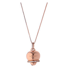 Necklace AMEN of pink 925 silver, bell-shaped pendant with angel of white zircons