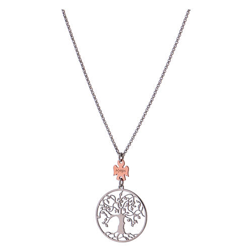 Necklace with tree of life and angel, rhodium-plated and pink 925 silver 1