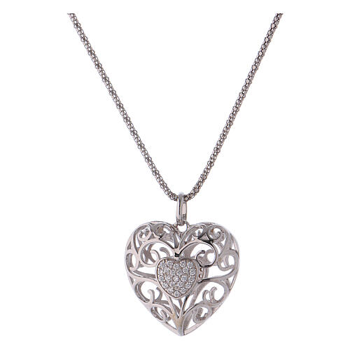 Necklace heart pendant with central zircon heart 925 silver AMEN 1