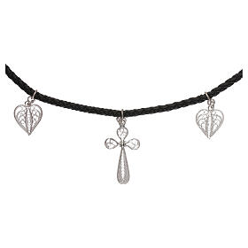 Black artificial leather choker with cross and hearts, 925 silver filigree