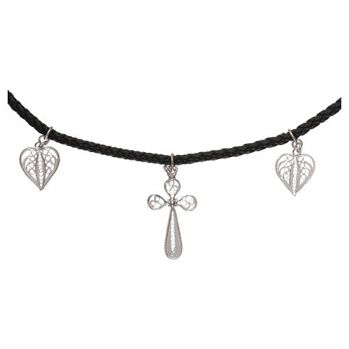 Black artificial leather choker with cross and hearts, 925 silver filigree 1