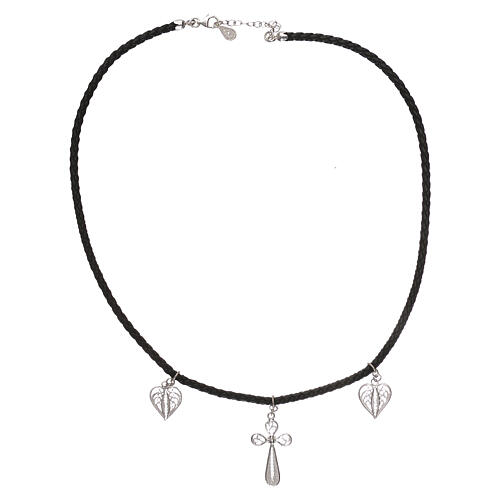 Black artificial leather choker with cross and hearts, 925 silver filigree 2