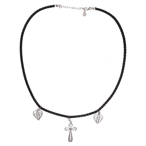 Black artificial leather choker with cross and hearts, 925 silver filigree 3
