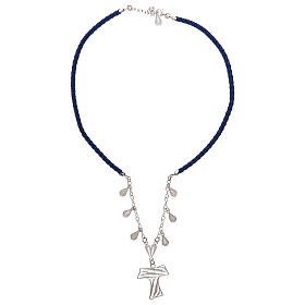 Halskette blauen Kunstleder und Silber Filigranarbeit Taukreuz