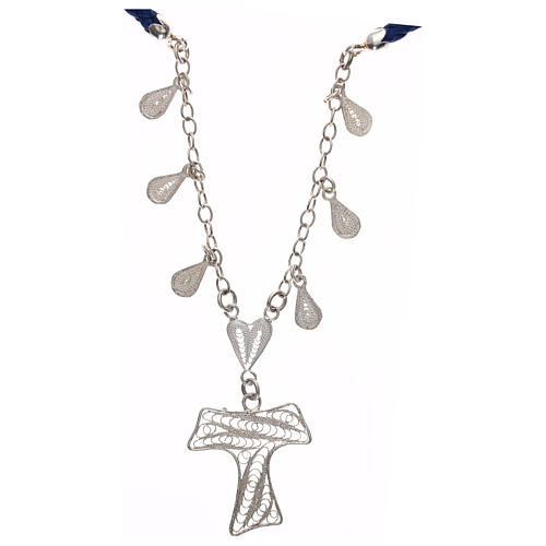 Halskette blauen Kunstleder und Silber Filigranarbeit Taukreuz 1