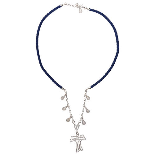 Halskette blauen Kunstleder und Silber Filigranarbeit Taukreuz 2